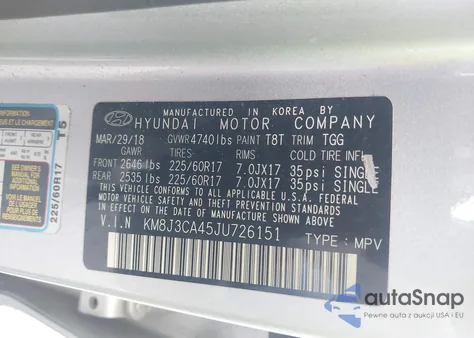 2018 Hyundai Tucson Sel z USA, uszkodzony, nr VIN KM8J3CA45JU726151
